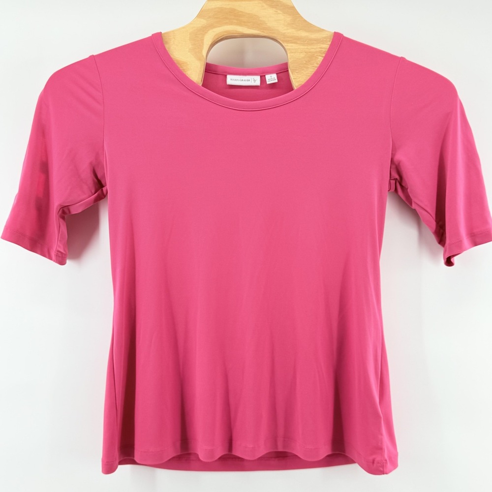 Susan Graver Shirt Womens Small Pink Stretch Crewneck Lattice Sleeve Top A224317